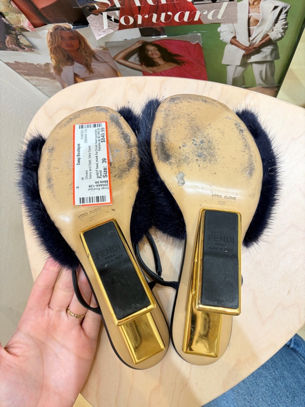 Fendi Navy Mink Fur Slingback Mules with Gold Sculpted Heel - Picture 6 of 6